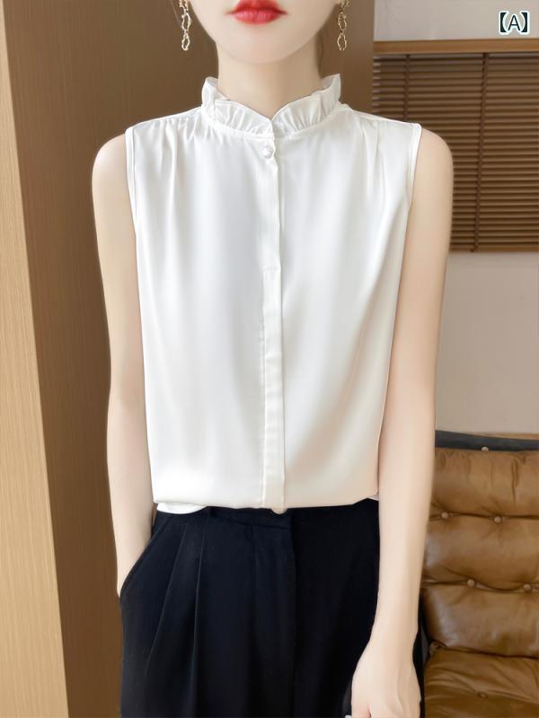 Sleeveless - レディース ファッション トップス 春 ノースリーブ フリル レイヤード シャツ サテン 万能 立ち襟 シンプル ベーシック エレガント 無地 ブラウス