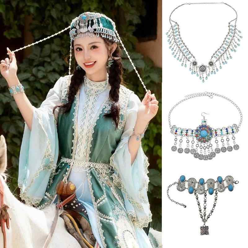 ヘッドドレス 額飾り レトロ 民族風 ボヘミアン ヘアアクセサリー セット商品 女性用 エスニック アクセサリー ブレスレット チェーン カラフル コインデザイン コスプレイヤー 衣装