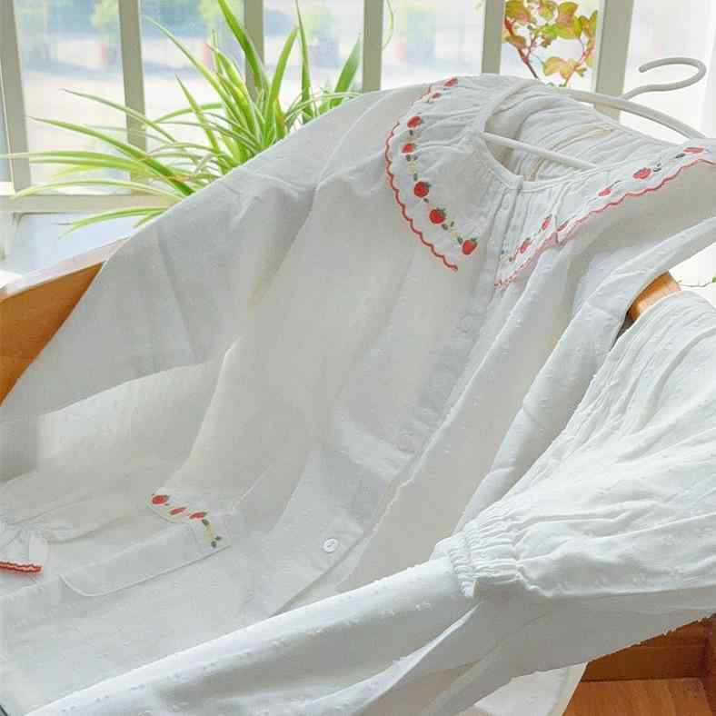 パジャマ 部屋着 フランス ストロベリー 春夏 綿 ダブルガーゼ ジャカード 白 刺繍 シンプル レディース 長袖 セット