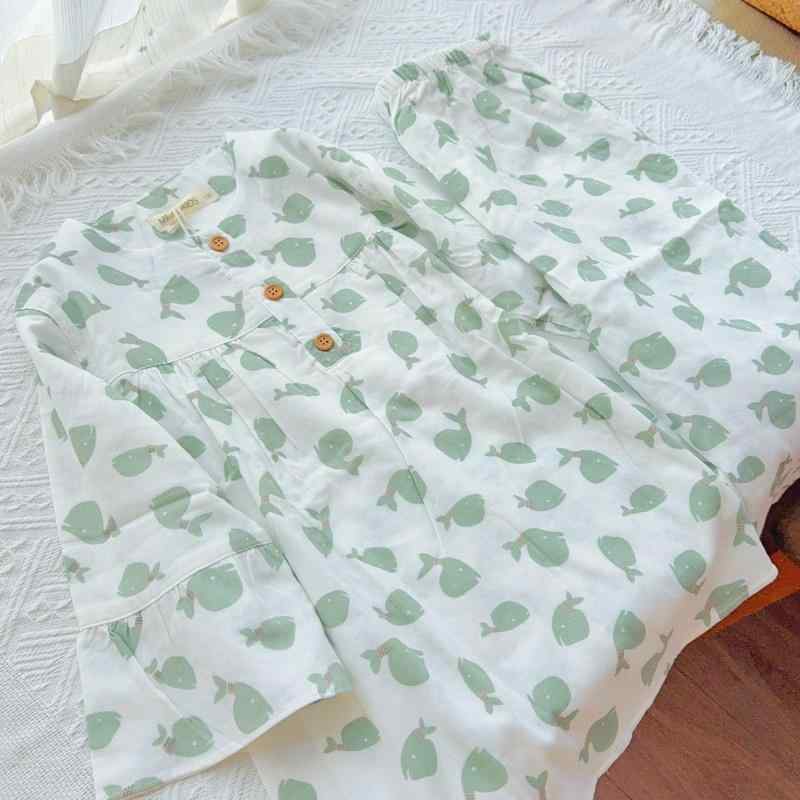 パジャマ 部屋着 130 綿 ダブル ガーゼ 子供用 女の子 七分袖 素肌に優しい 七分丈 動物モチーフ パンツ 家着 クジラ