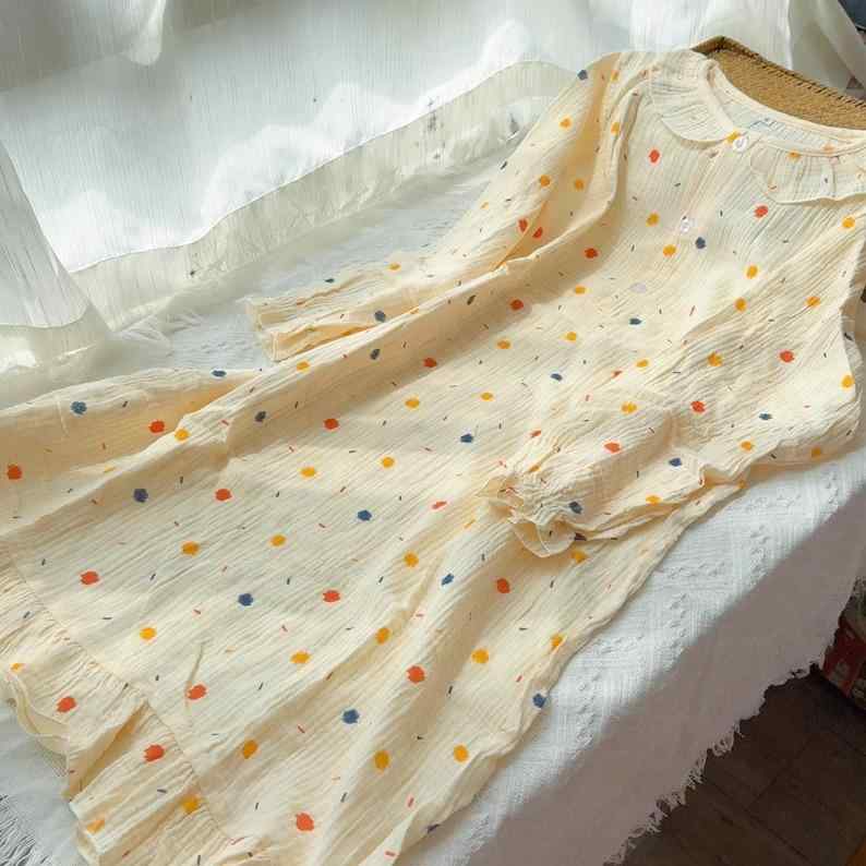 パジャマ 部屋着 春夏 綿 二重ガーゼ 長袖 ナイトドレス ゆったり リラックス 女性 デザイン クリーム..