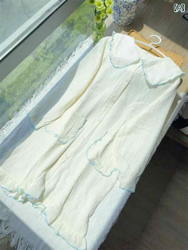 パジャマ 部屋着 春夏 綿 二重ガーゼ オフホワイト 長袖 ナイトドレス 柔らかい レディース シンプル ..