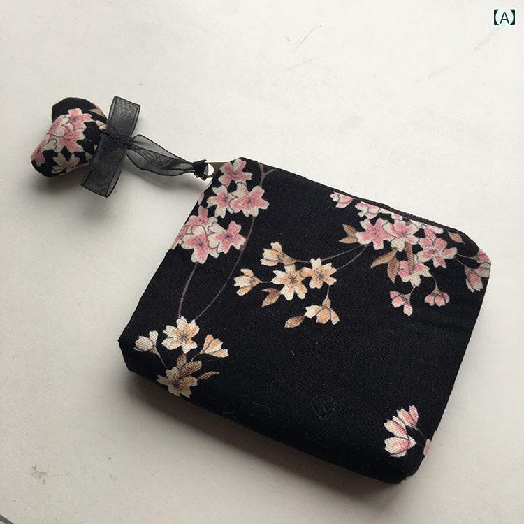 コインケース 布製 ミニポーチ 小物入れ コンパクト 黒地 桜 和柄 ファスナー ジッパー カード イヤホ..