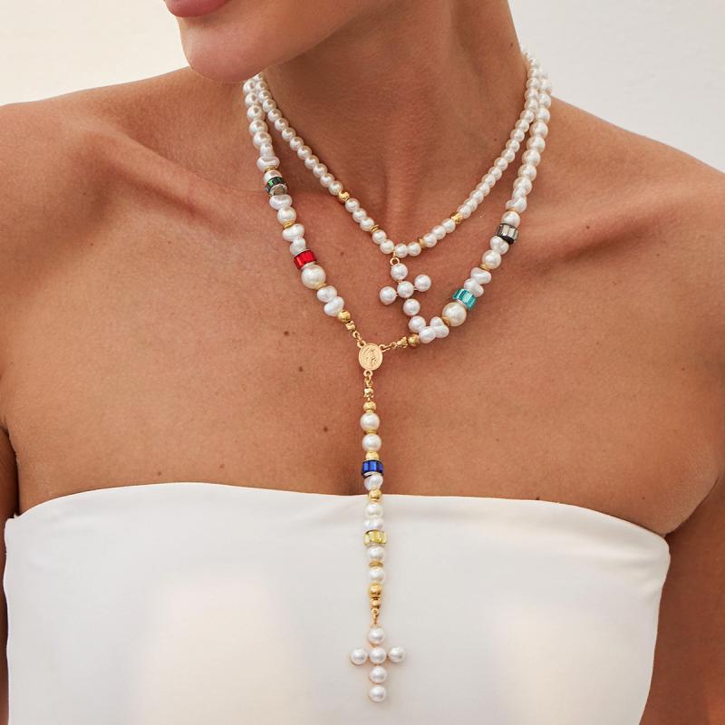 アクセサリー レディース 精巧 ジュエリー 2ピース クロス パール ネックレス ファッション セット 個性的 シンプル ビーズ 女性用(4)