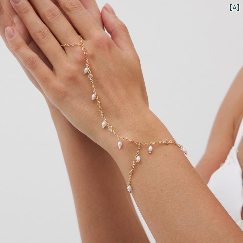 レディース アクセサリー ジュエリー パールビーズ フィンガー ブレスレット 金属 チェーン 女性用 き..