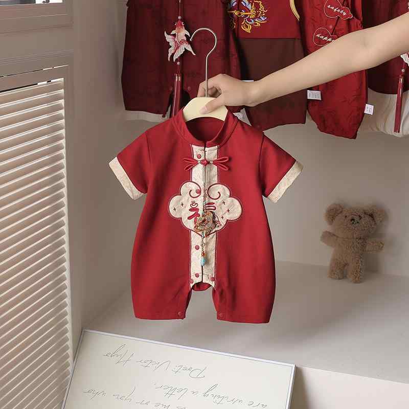 ロンパース ベビーウェア 赤ちゃん 夏 新生児 薄手 チャイナ風 半袖 出産祝い ギフト デザイン 簡単脱..