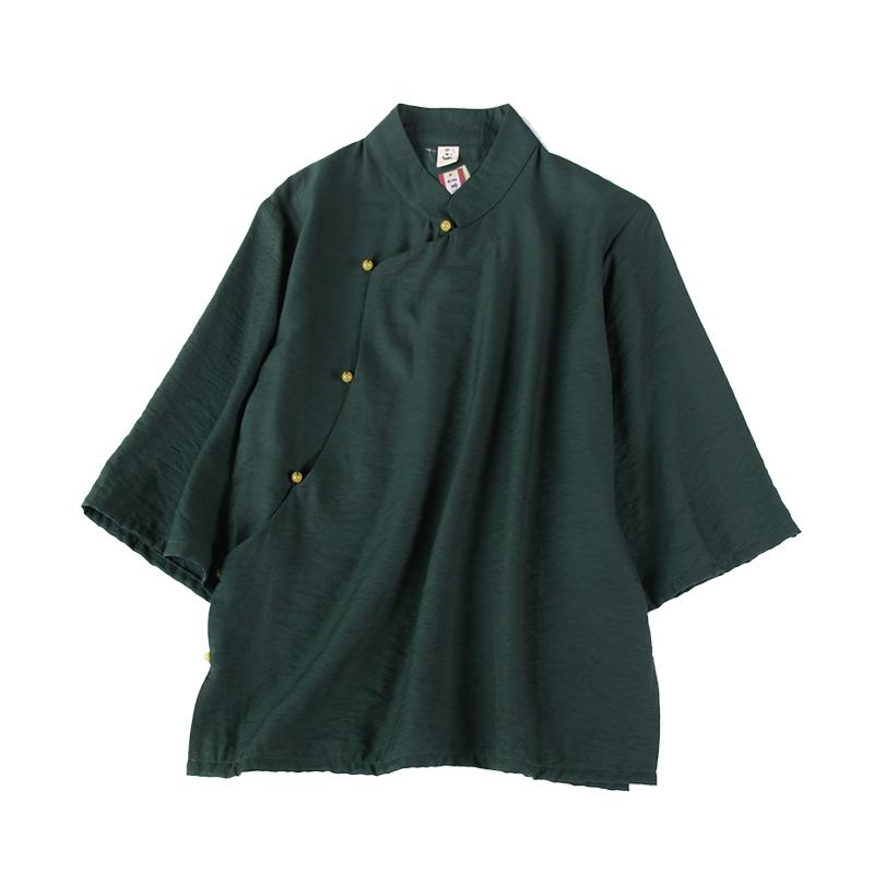 女性服 作務衣風 トップス シャツ 深緑 モスグリーン 上品 清潔感 爽やか 禅 漢服 瞑想 チャイナ 綿 麻 レトロ 和 唐装 ボタン