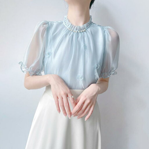 レディース フリル襟 半袖 ブラウス シフォン 上品 女性 春夏 トップス 通気性 透け感 裏地付き 上品 パール 立体装飾 大人かわいい シンプル シースルースリーブ レディース フリル襟 半袖 ブラウス シフォン 上品 女性 春夏 トップス 通気性 透け感 裏地付き 上品 パール 立体装飾 大人かわいい シンプル シースルースリーブ