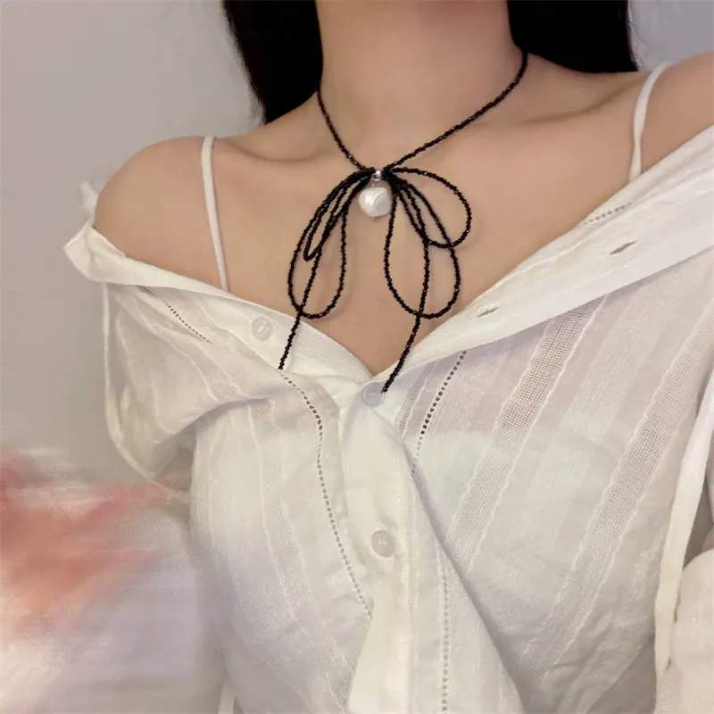 アクセサリー ビーズ リボン ネックレス 女性用 スタイル シンプル スタッキング 鎖骨 チェーン おしゃれ エレガント クール パーティー アーバン スタイリッシュ ラグジュアリー(4)