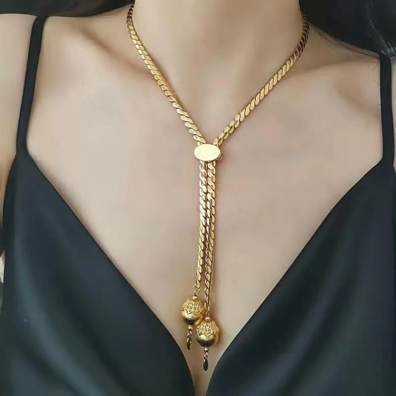 アクセサリー アメリカン 軽量 高級感 重厚 金メッキ 蛇 骨 巾着 タッセル ネックレス 調節可能 ブラシ..