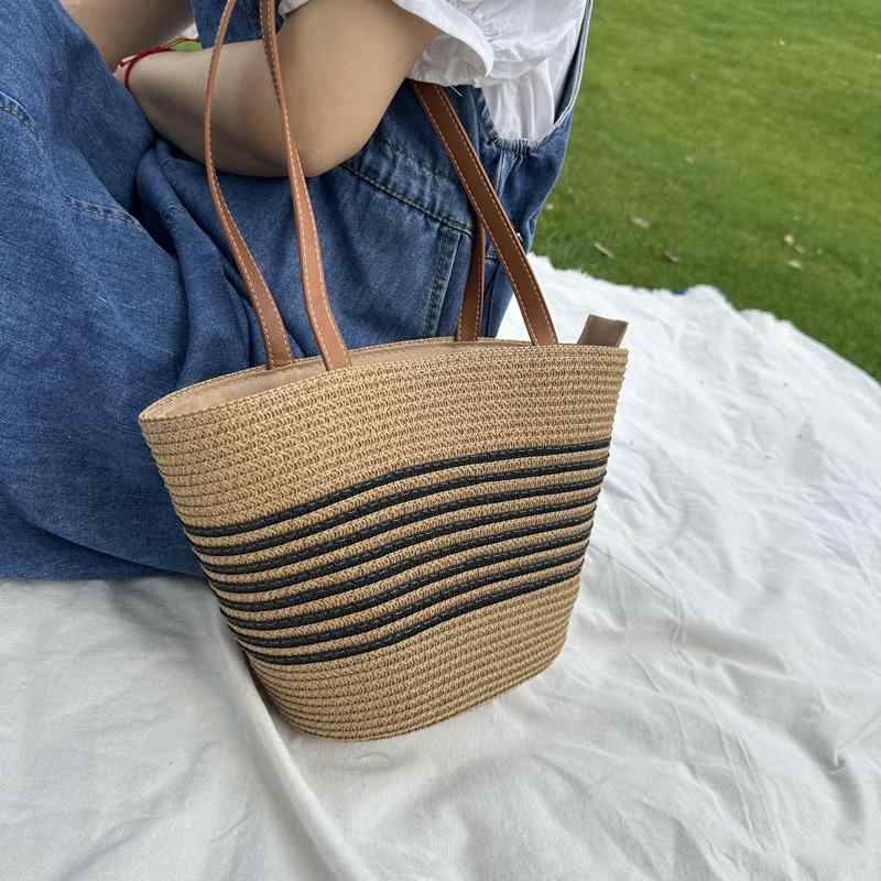夏 海辺 バカンス バッグ レディース コントラストカラー ストローバッグ ワンショルダー 通勤 編み込みバッグ ビーチバッグ トートバッグ カジュアル おしゃれ お出かけ レジャー リゾート 休日(4)