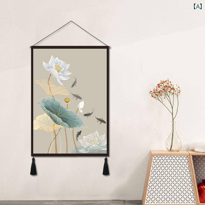 タペストリー 掛け軸 白い 花 蓮 葉 一輪 緑 絵画 吊り下げ 壁画 壁飾り 壁掛け 縦長 横長 布 房 洗え..