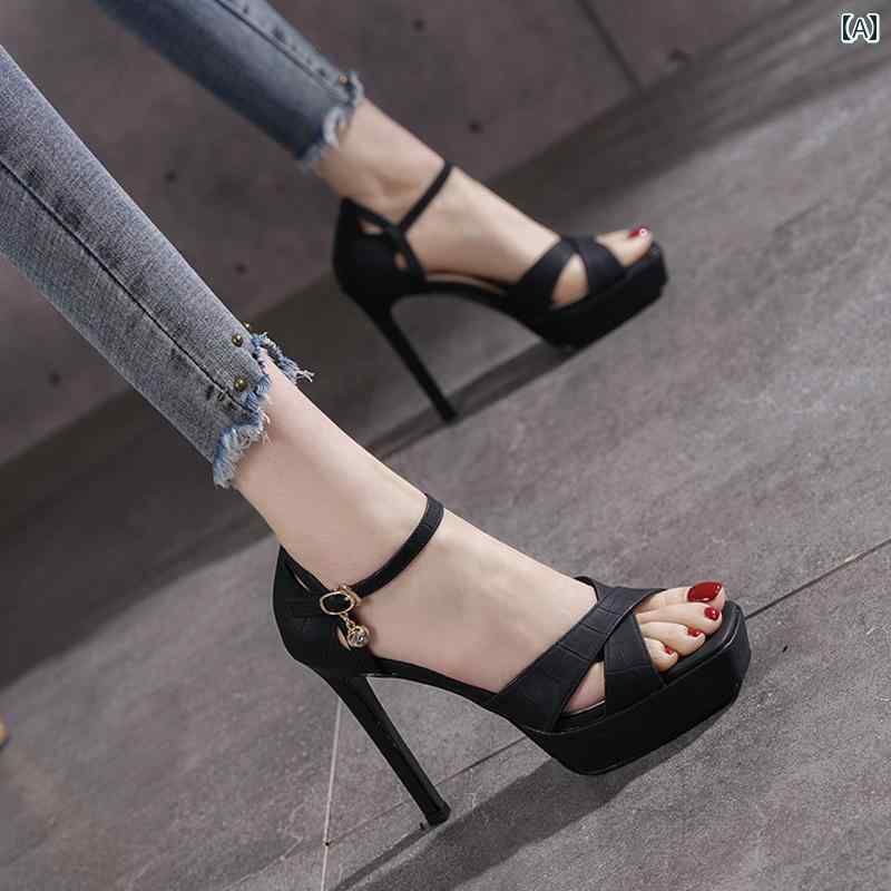 ハイヒール 魅惑的 オープントゥ ピンヒール 防水性 滑り止め ベージュ 12cm サンダル レディース 夏 シンプル 無地 ストラップ付