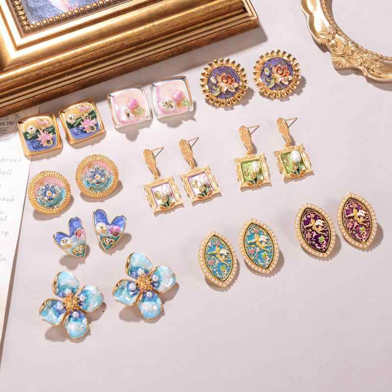 レディース パール フラワー ハート ピアス 個性的 フレンチ レトロ 油絵 シリーズ シンプル 春夏 アクセサリー