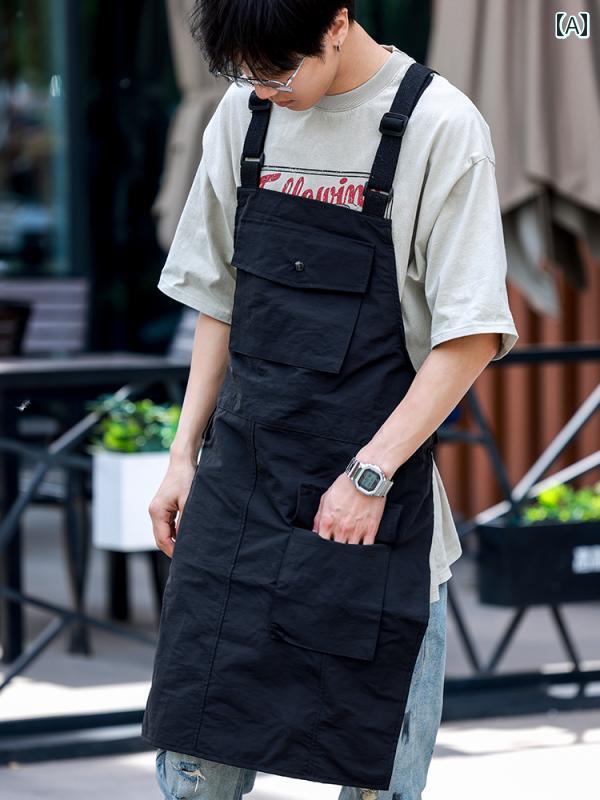 エプロン 和風 無地 シンプル クロス ショルダー ウエスト 調整可能 リボン 膝丈 ポケット カジュアル ..