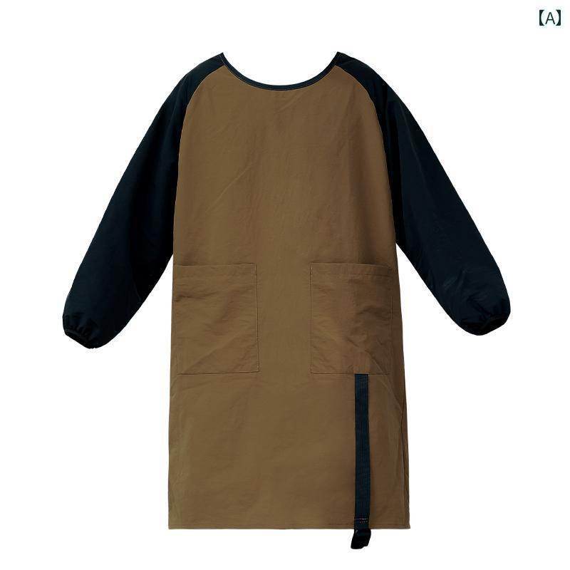 エプロン 無地 シンプル 長袖 スモック カバーオール ウエスト ボタン ポケット カジュアル 撥水 防汚 ユニセックス 軽量 ソフト 家庭用 ワークウェア ユニフォーム ヘアサロン