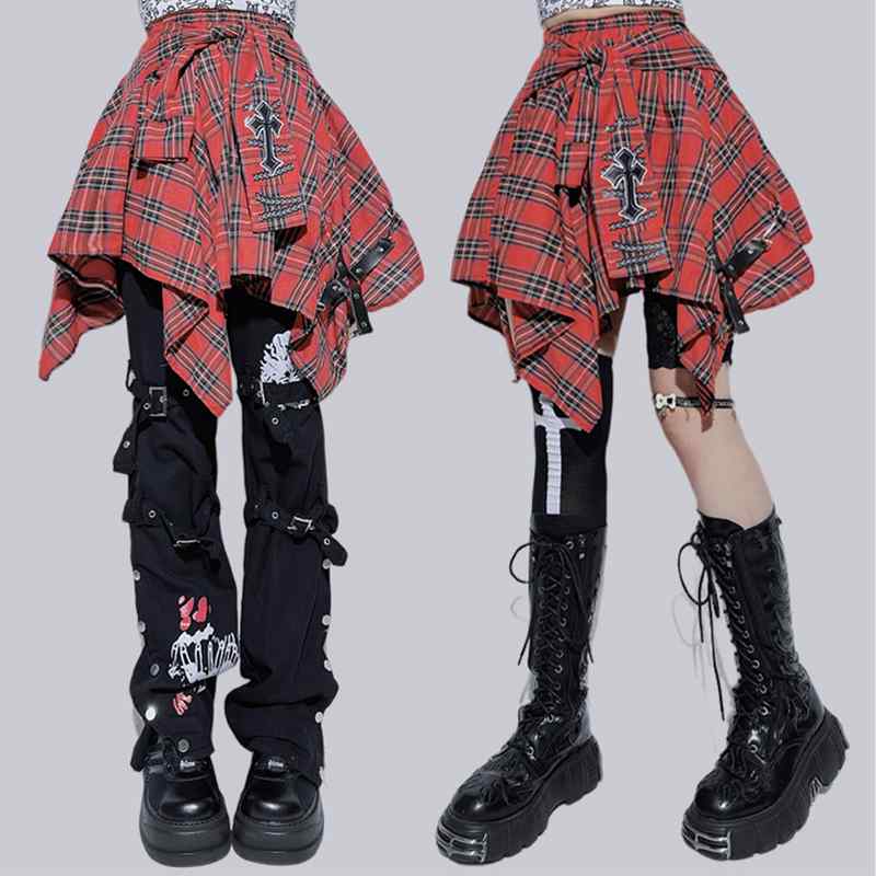 レディース サブカル Y2K 赤 チェック 柄 スカート パンツ セット ダーク ゴシック パンク 個性的
