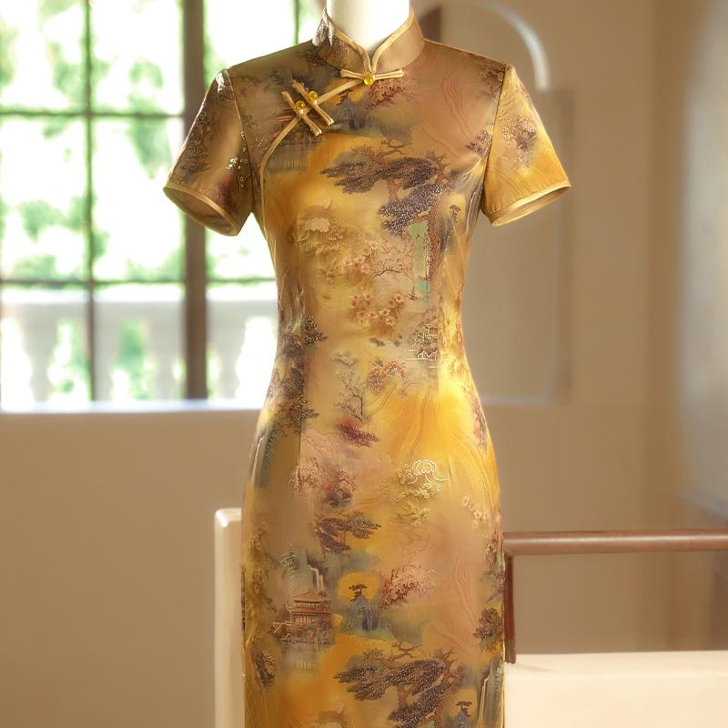 チャイナドレス レディース ファッション 中年 お母さん レトロ 古風 高級感 夏スタイル 伝統的 デザイン セレモニー パーティー エレガント 洗練 クラシック 上品(4.0)