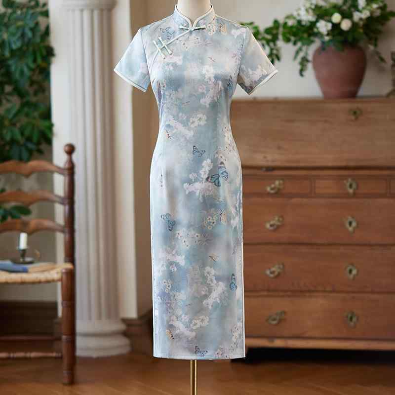 レディース ファッション チャイナドレス 中華風 古風 日常着 スリムフィット 涼感 上品 ロング丈 エレガント フラワーモチーフ カジュアル フェミニン クラシック