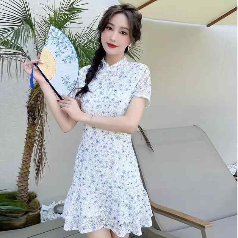 チャイナ ドレス レース 夏 ファッション 若見え ハイエンド ワンピース 女性 小柄 フェミニン ショート丈 半袖