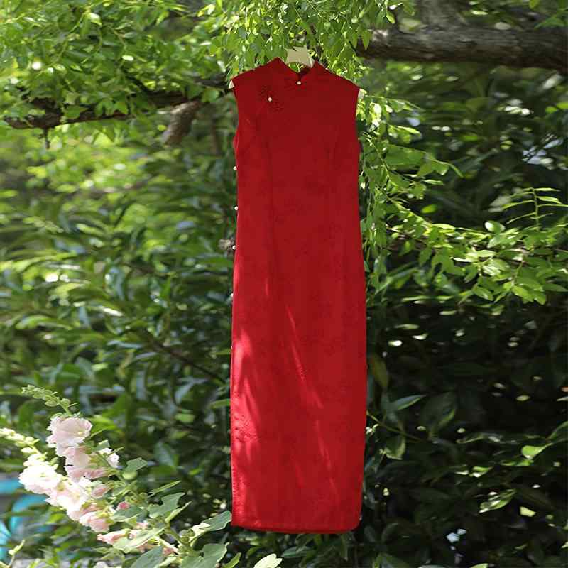 レディース チャイナドレス ノースリーブ ミディアム丈 スカート ワンピース 魅惑的 おしゃれ セクシー スタイリッシュ スリット ウエディング お祝い パーティー 衣装 ファッション