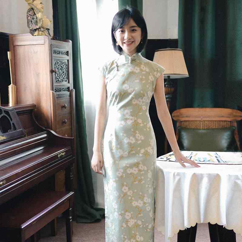 チャイナ ドレス レディース 春夏 サイド ジッパー ミディアム ロング レトロ プリント リネン グリー..