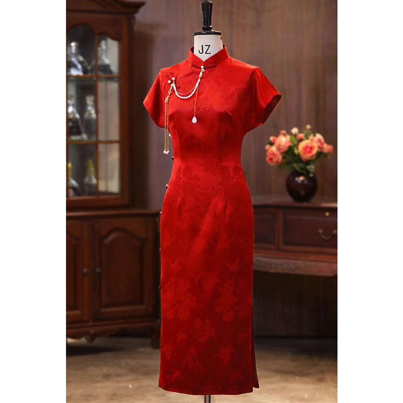 チャイナドレス 赤いドレス レディース チャイナ風 半袖 高級感 花嫁 ウェディング 婚約 クラシック 洗練 優雅 上品 エキゾチック セクシー おしゃれ エレガント フェミニン