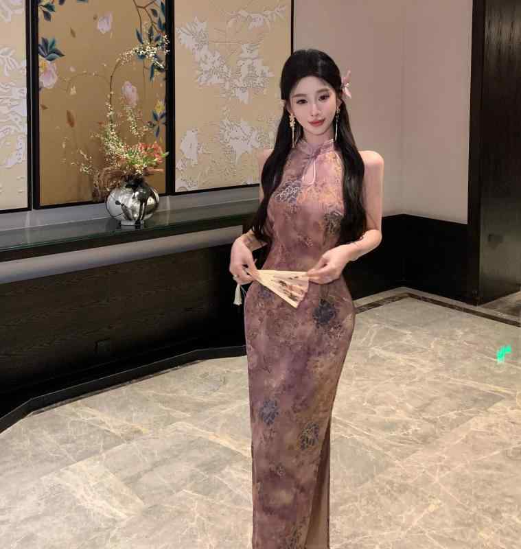 チャイナドレス チャイナ風 透かし ノースリーブ 花 ドレス レディース 春夏 ウエストシェイブ クラシック 洗練 魅惑的 上品 エキゾチック セクシー おしゃれ エレガント フェミニン