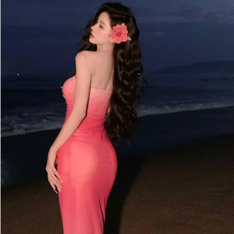 女性 夏 チェストラップ ワンショルダー ロングドレス 海辺 ビーチ グラデーション ヒップライン フィ..