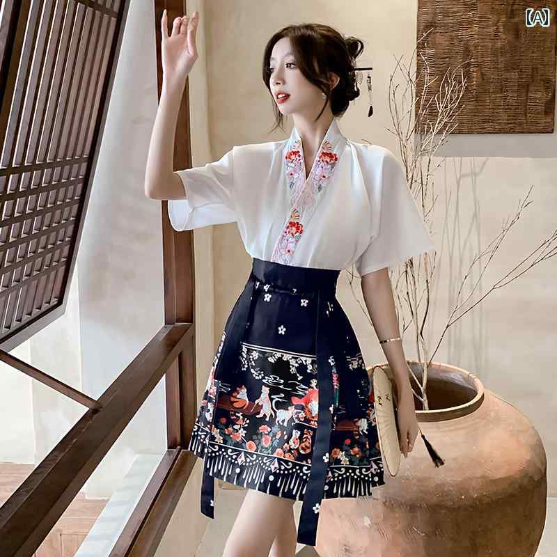 レディース 刺繍入り チャイナ風 トップス スカート セットアップ レトロ おしゃれ 快適 ハイウエスト
