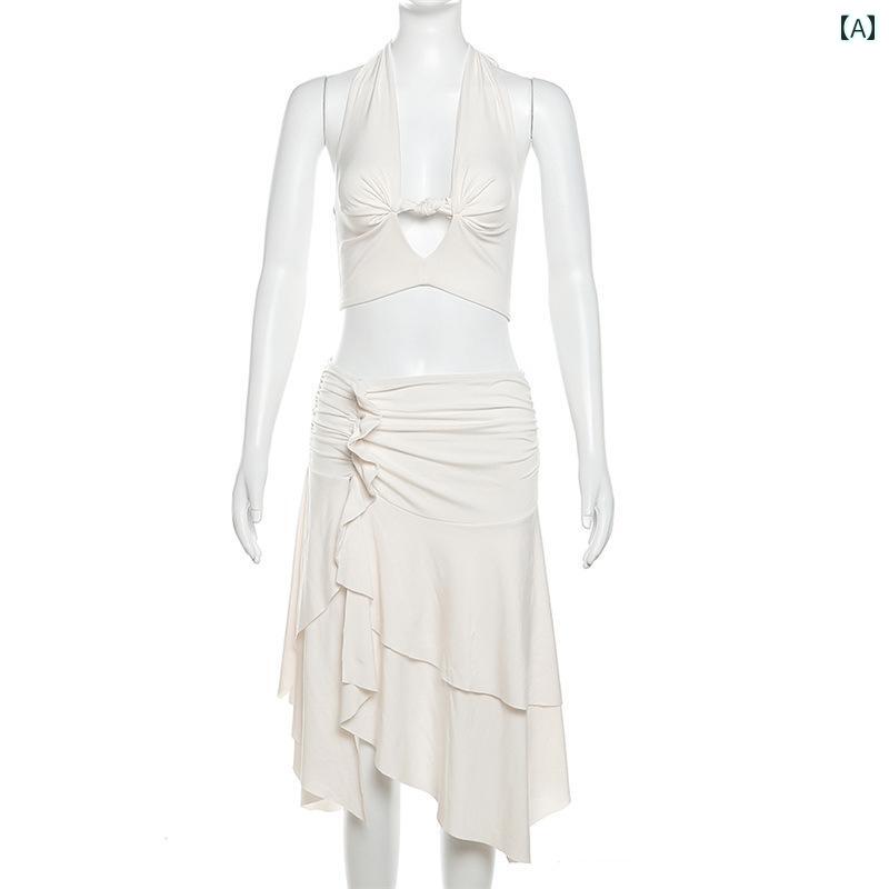 レディース セット ホルターネック トップス バックレス ショート スカート セクシー フェミニン フェアリー エレガント ホワイト