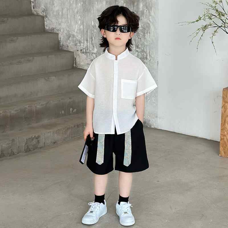 キッズ セットアップ 男の子 漢服 唐装 チャイナ風 夏 半袖 子供 民族 伝統 朗読 公演 衣装 シャツ パンツ ファッション 薄手