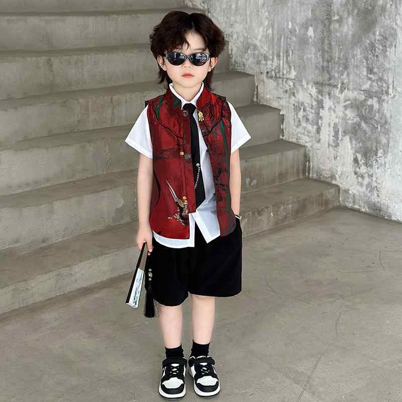 キッズ セットアップ 夏 薄手 子供 漢服 チャイナ風 ベスト シャツ ショート パンツ ネクタイ 男の子 半袖 唐装 民族 公演 イベント 衣装