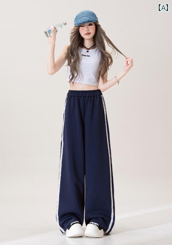 レディース パンツ ロング ワイドレッグ レース ステッチ ライン ワイドレッグ シンプル ストライプ カジュアル ストレート スポーティ 薄グレー 黒 紺 カジュアル ストレッチ la-graine-11348116 ラ・グラーヌ サンプル画像2