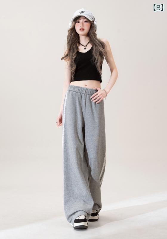レディース パンツ ロング ワイドレッグ レース ステッチ ライン ワイドレッグ シンプル ストライプ カジュアル ストレート スポーティ 薄グレー 黒 紺 カジュアル ストレッチ la-graine-11348116 ラ・グラーヌ サンプル画像3