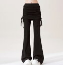 レディース パンツ フェイクツーピース 黒 グレー フレア スカート 腰巻き風 スリムフィット フロアレングス ヒップ隠し ドローストリング スタイリシュ モダン トレンディ