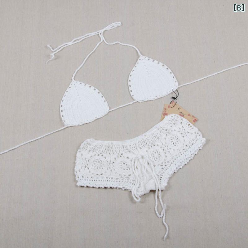 手織り レディース 水着 アメリカン ビーチ セパレート ビキニ 旅行 セクシー 透かし編み かぎ針編み おしゃれ 紐仕様 リボン装飾 手編み 胸パッドなし