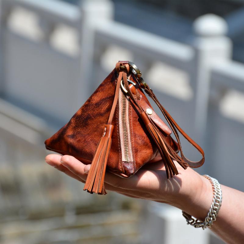 メンズ レディース ファッション フリンジ 植物タンニンなめし 牛革 レトロ 小銭入れ ポーチ 三角 ソフトレザー 収納袋 ハンドバッグ ジッパー シンプル 日常使い 小物入れ(4)