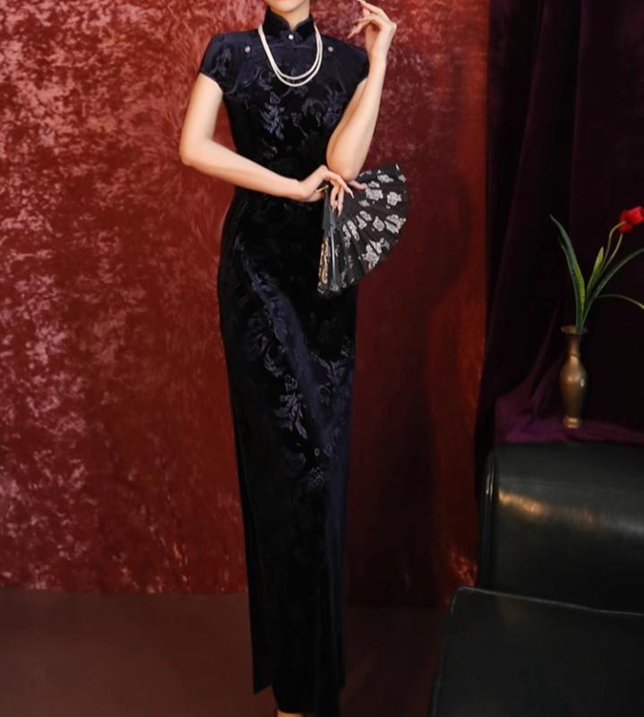 レディース チャイナドレス ベルベット 紺 ネイビーブルー ロング スクエアラベル 立ち襟 中華スタイル ジャカード 植物柄 クラシック 高品質 エレガント スリム シルキー