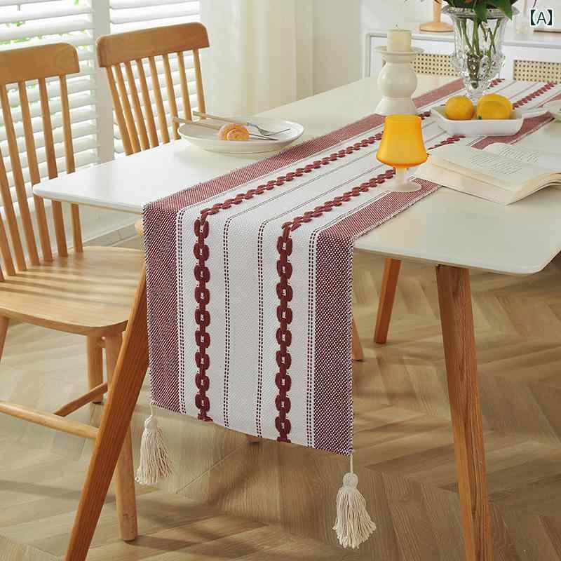 テーブルランナー 布製 厚手 房 フサフサ タッセル 幾何学模様 柔らか ロングサイズ 北欧風 ナチュラル..