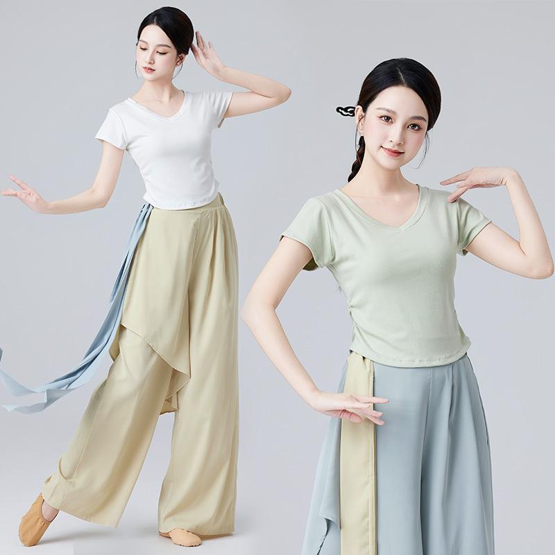 ダンス ウェア ドレープ リボン ワイド レッグ パンツ 半袖 Vネック トップス カジュアル クラシック ..