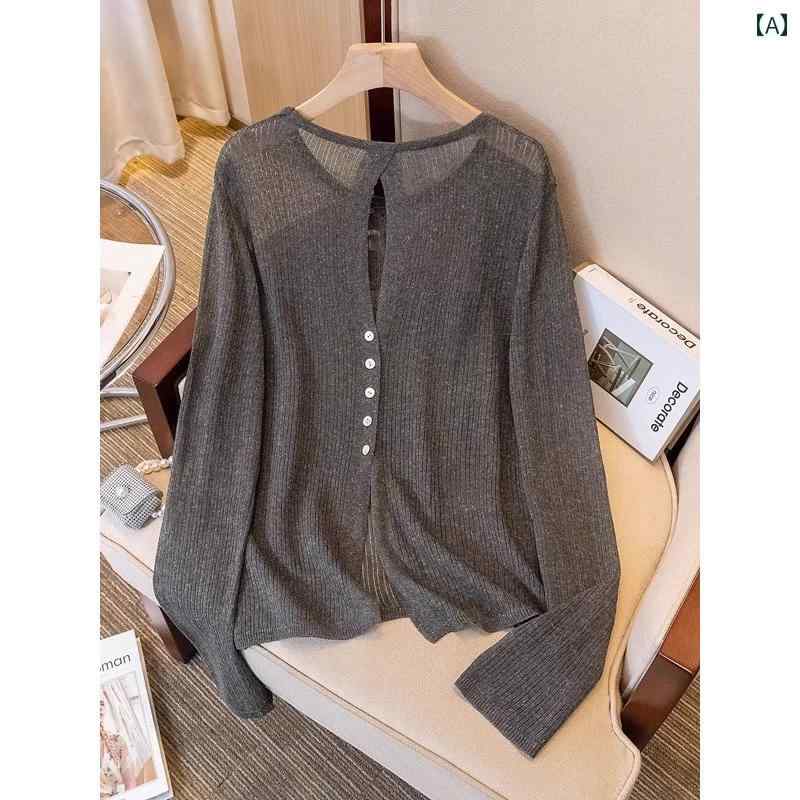 婦人服 ニットシャツ フランスレトロ 日焼け防止 UV対策 冷房対策 長袖セーター 女性用 夏 薄手 バックスリット入り セーター おしゃれ カジュアル レジャー リゾート 休日 バカンス 旅行