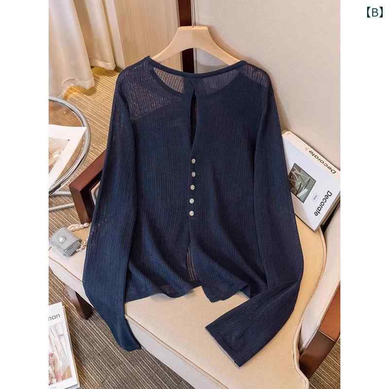 婦人服 ニットシャツ フランスレトロ 日焼け防止 UV対策 冷房対策 長袖セーター 女性用 夏 薄手 バックスリット入り セーター おしゃれ カジュアル レジャー リゾート 休日 バカンス 旅行