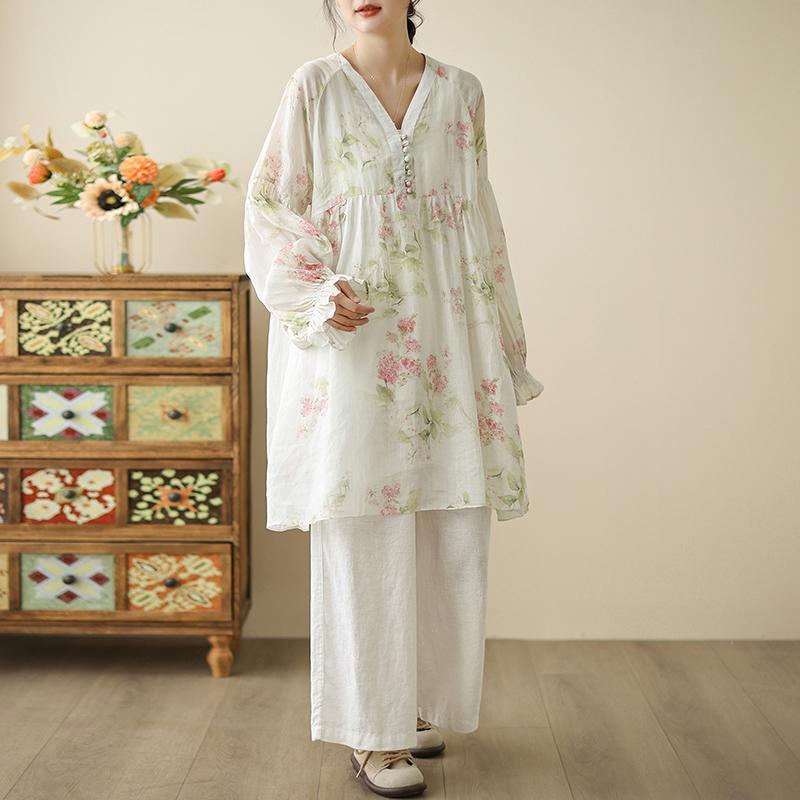 レディース シャツ ブラウス オーバーシャツ 芸術的 レトロ 花柄 コットンリネン 夏 ゆったり 万能 Vネック ランタンスリーブ Aライン おしゃれ カジュアル レジャー リゾート 休日 バカンス 旅行(4)