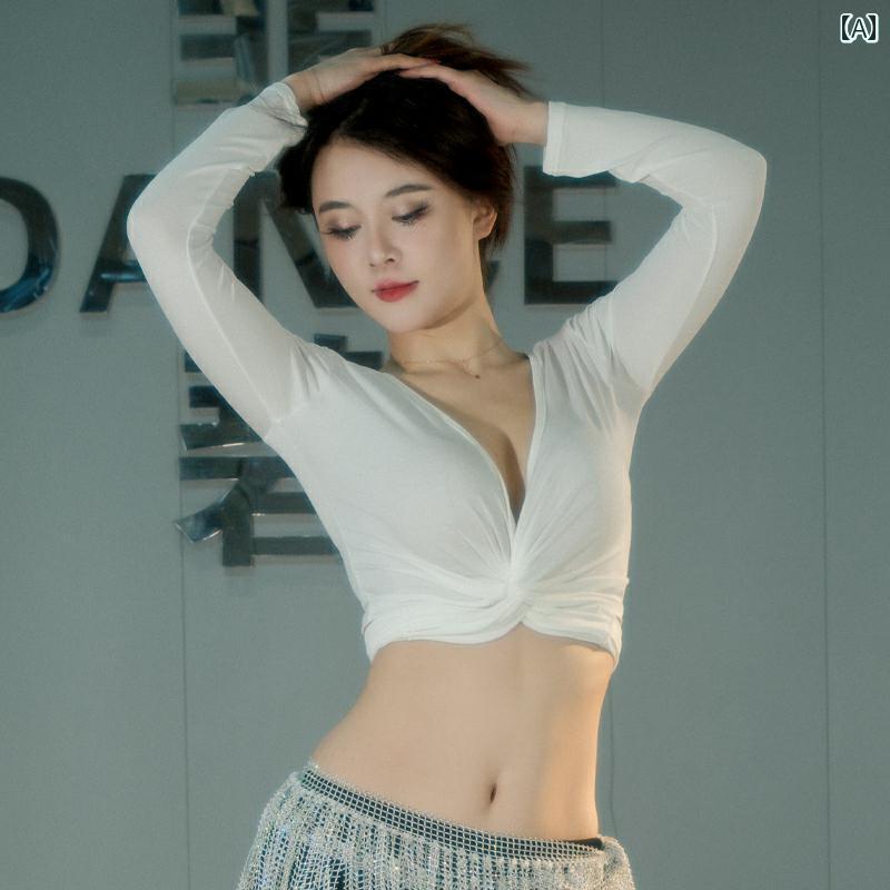 ベリー ダンス コスチューム モダール 長袖 ミドル スリーブ Vネック ショート丈 シャツ トップス カジュアル オリエンタル パフォーマンス レディース 軽量 ソフト 初心者向け 練習用