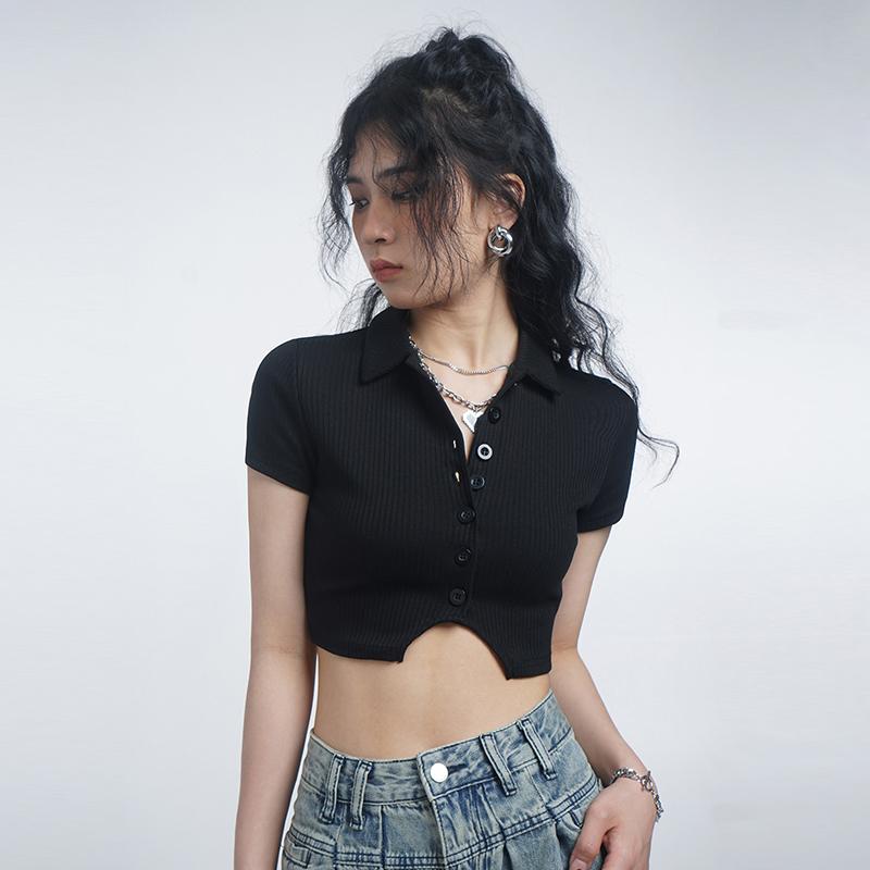 アメリカン レトロ ギャル風 ダンス クール へそ出し ポロシャツ ブラック グレー 半袖 Tシャツ レディース 女性 ストリートファッション 夏 ショート丈 トップス