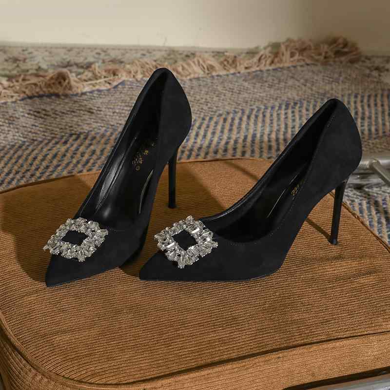パンプス ハイヒール ポインテッドトゥ 女性用 ブラック Lサイズ スティレット ラインストーン シングルシューズ Sサイズ おしゃれ エレガント フェミニン パーティー ビジネス お出かけ