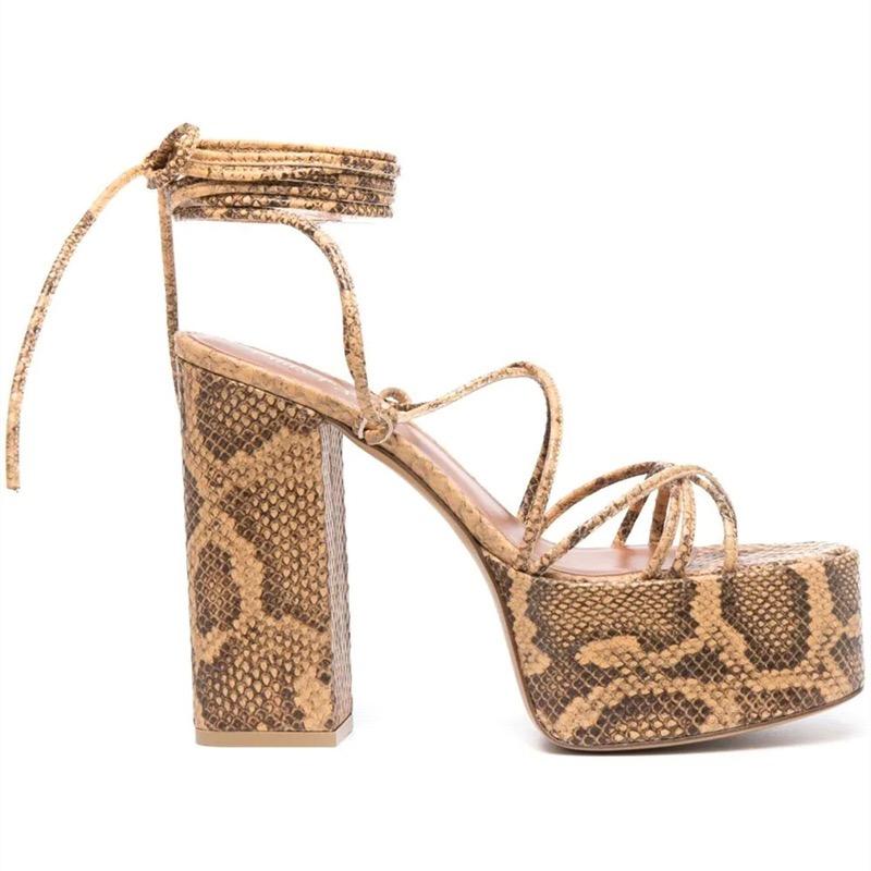 夏 ハイヒール エレガント 厚底 レースアップ サンダル パイソン 蛇柄 ギャル 快適 ストラップ 革 レディース オープントゥ シープスキン スタイリッシュ 日常使い