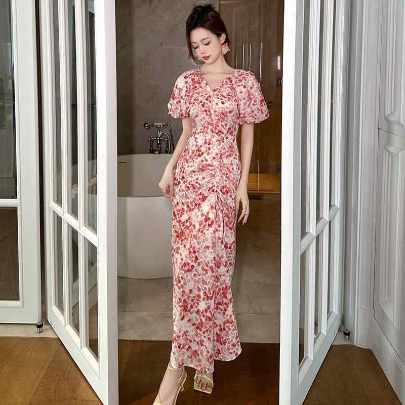 レディース 夏 フレンチ Vネック パフスリーブ ウエスト スリミング プリーツ フローラル ドレス