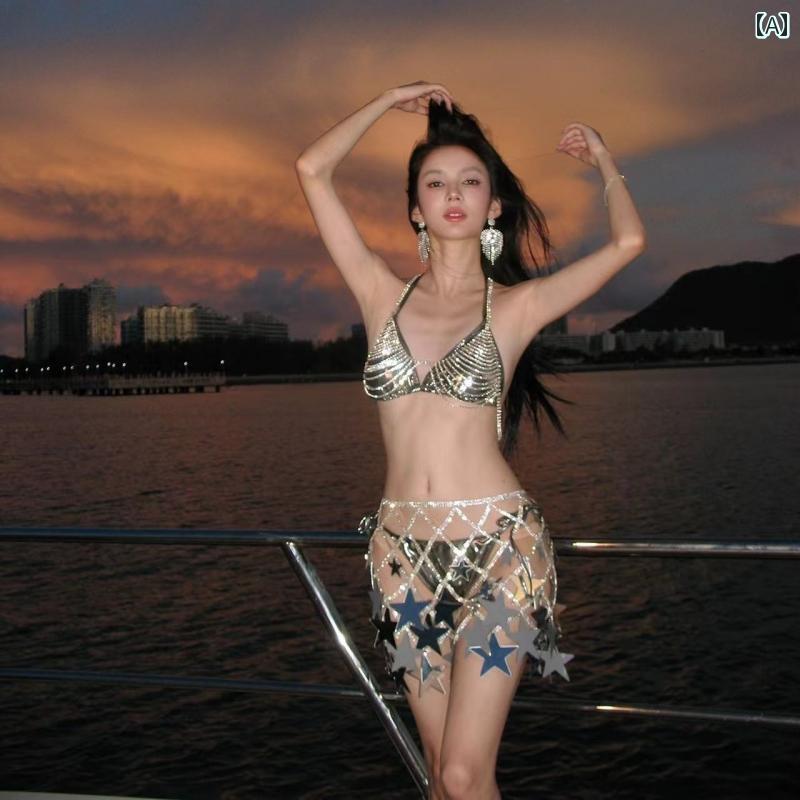 レディース ビキニ セパレート 水着 光沢 星 ユニーク スパークル おしゃれ セクシー 衣装 バカンス ビーチ プール ファッション スタ..